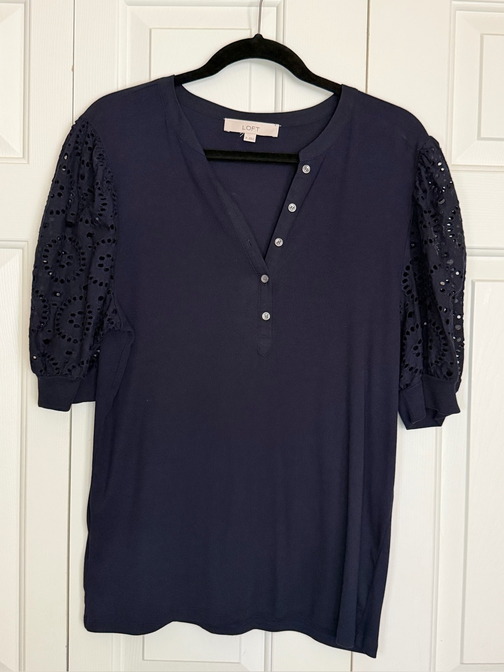 LOFT Navy Eyelet Puff-Sleeve Henley Top with Button Placket